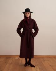 şal yaka yün palto burgonya